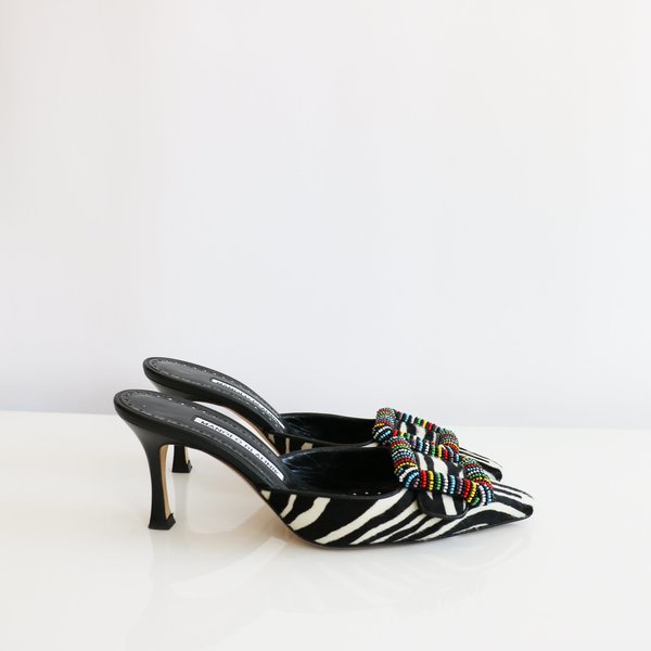 [Pre-loved] Manolo Blahnik Beaded Mules Zebra Print on Garmentory