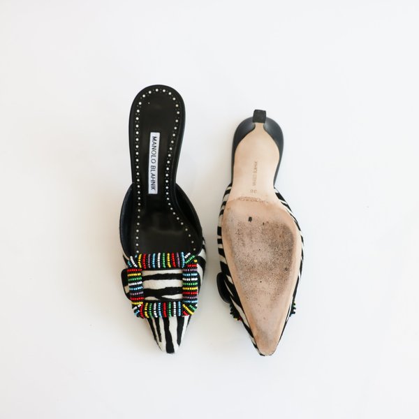 [Pre-loved] Manolo Blahnik Beaded Mules Zebra Print