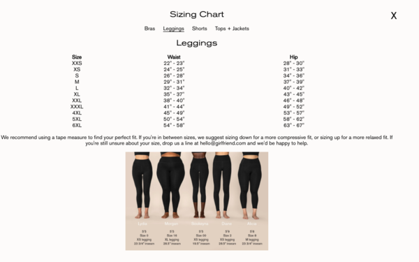 Plus Size Chart Girlfriend Leggings Sizing Girlfriend Collective