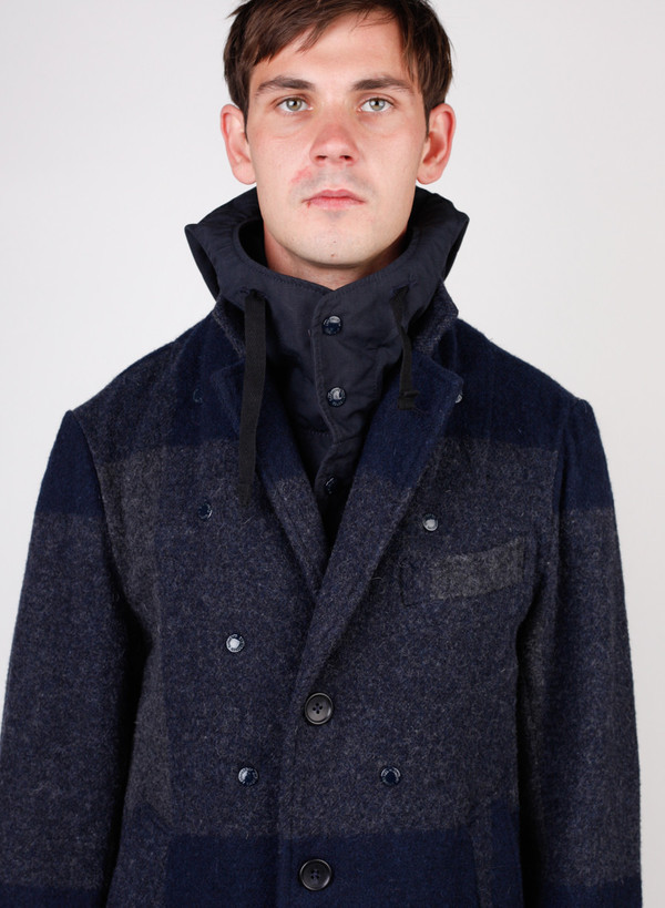 Engineered Garments Chester Big Plaid Melton Coat - Dark Navy/Grey