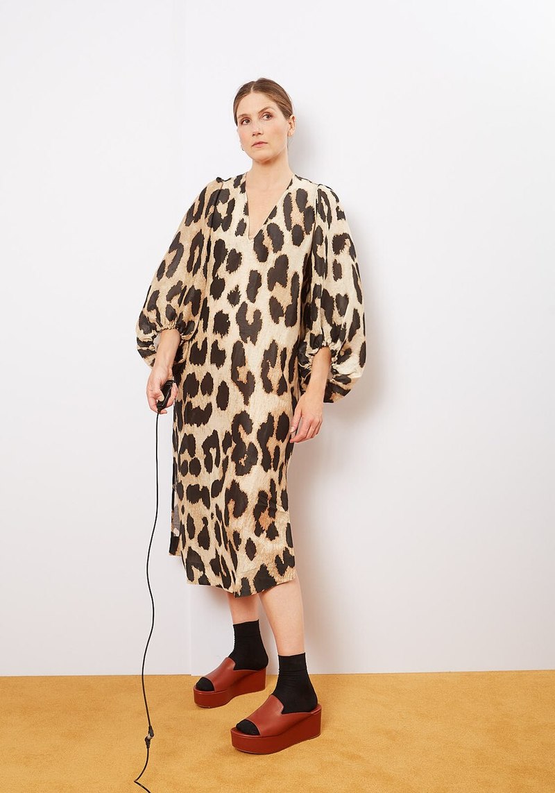 Ganni Silk Linen Balloon Sleeve Dress - Leopard