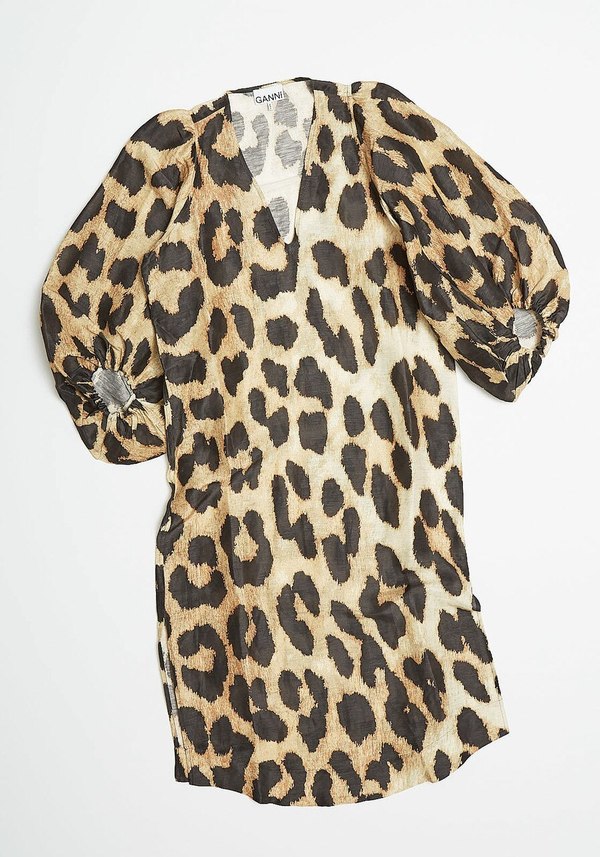 Ganni Silk Linen Balloon Sleeve Dress - Leopard