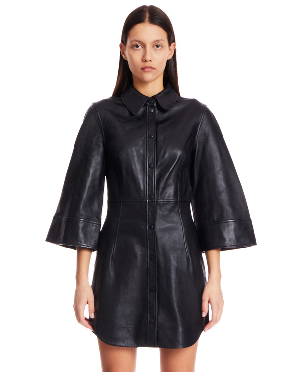 ganni black leather dress Ganni Zip-Front Paneled Lamb Leather Dress