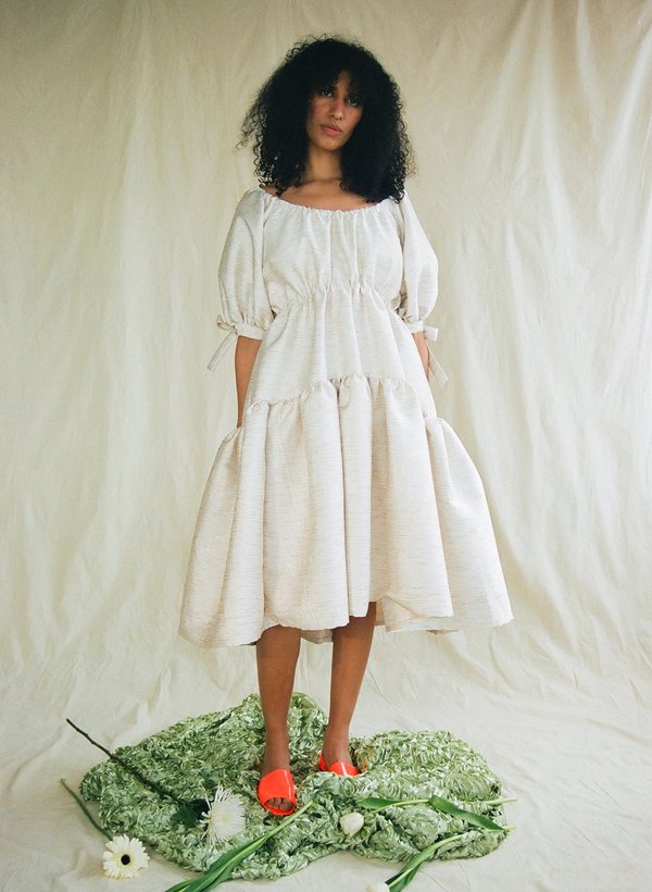 Eliza Faulkner Brocade Puff Sleeve Dress - Ivory on Garmentory