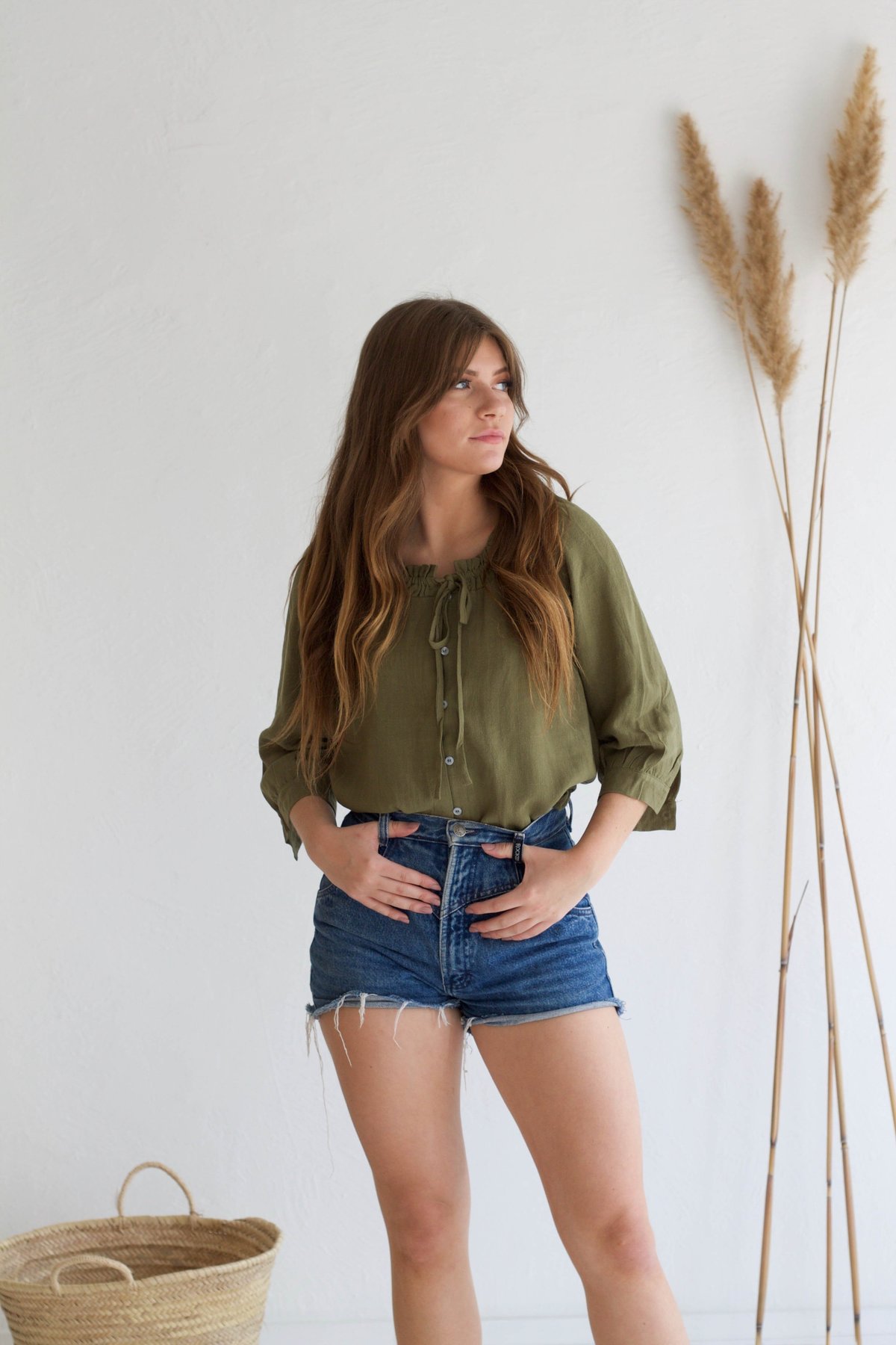 Descendant Gathered Button Down Linen Top - Sage - Image 1 of 6