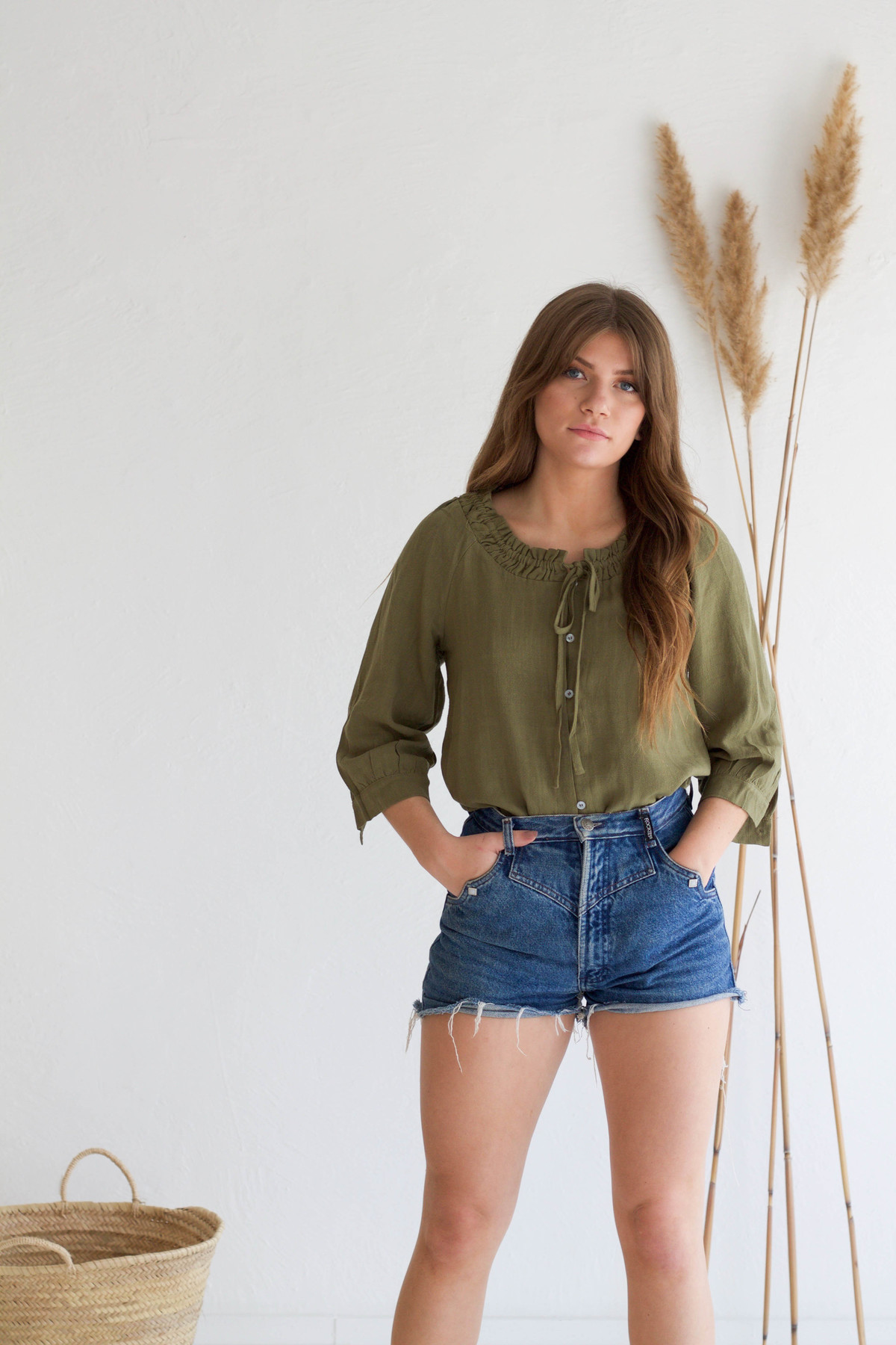 Descendant Gathered Button Down Linen Top - Sage - Image 3 of 6