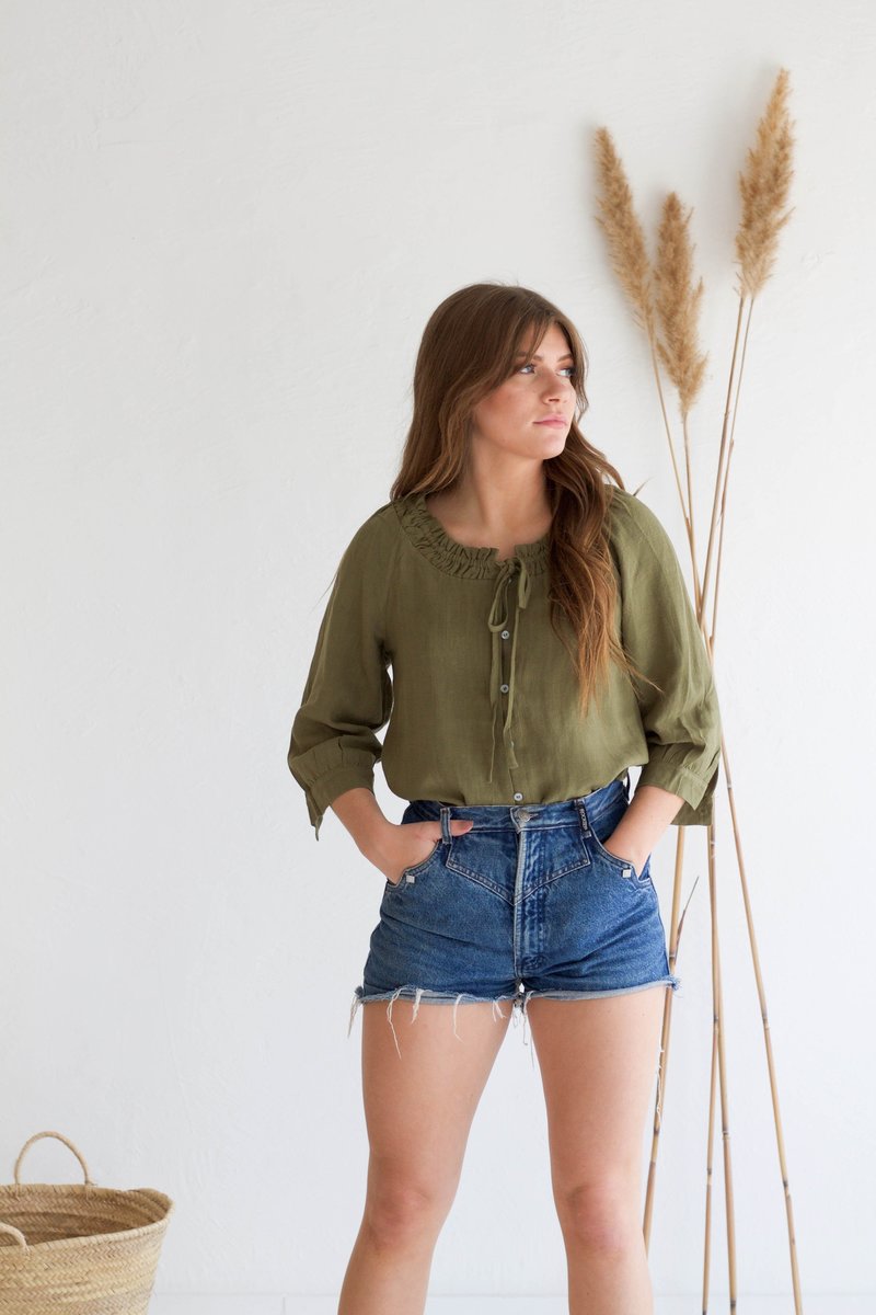 Descendant Gathered Button Down Linen Top - Sage