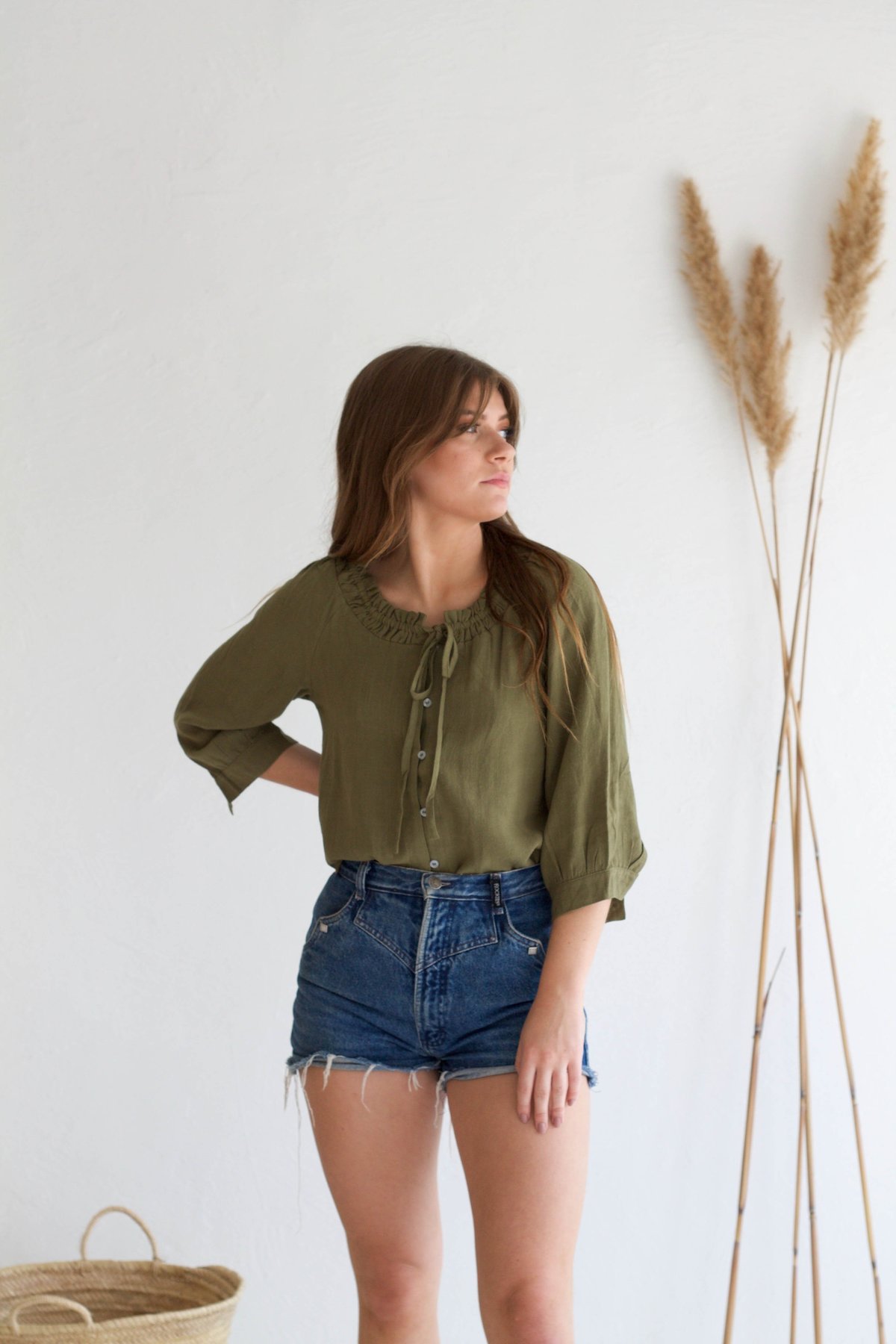 Descendant Gathered Button Down Linen Top - Sage - Image 5 of 6