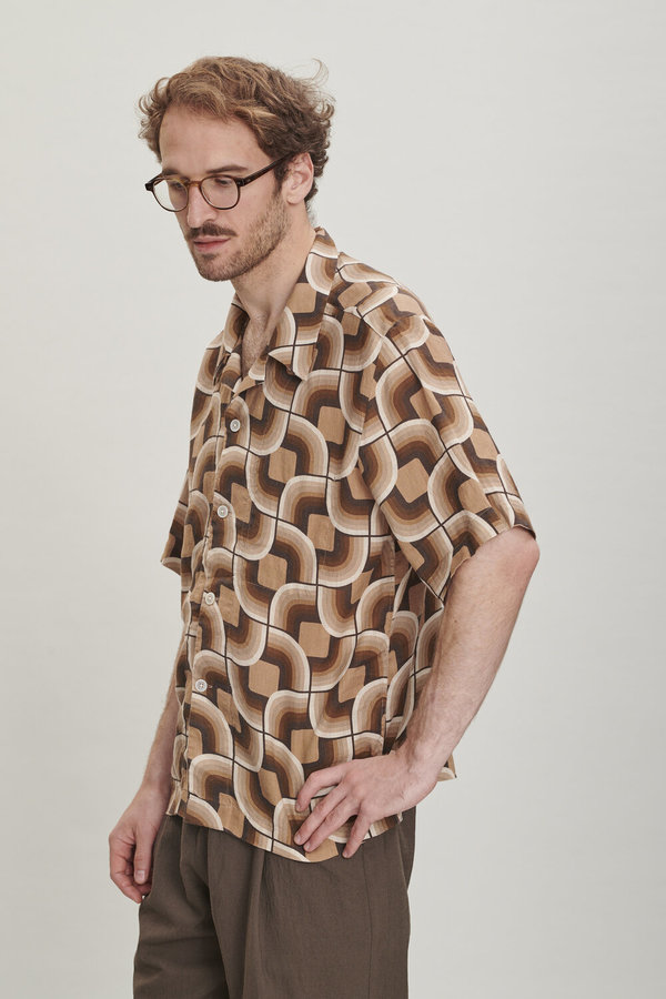 Delikatessen Printed Linen Short Sleeve Shirt - Early 60s Delikatessen Printed Linen Short Sleeve Shirt - Early 60s