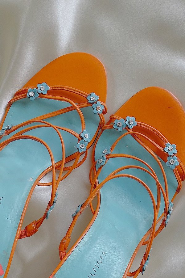 Vintage Strappy Leather Flower Heels - Orange | Garmentory