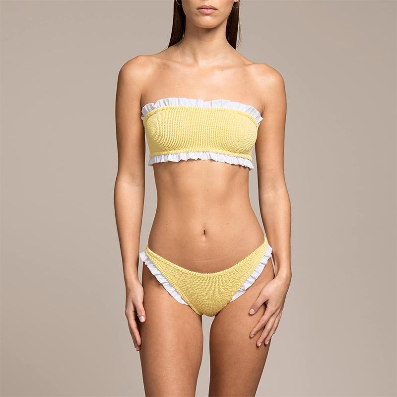 Hunza G: Tracy Frill Bandeau Bikini Set Yellow White Crinkle