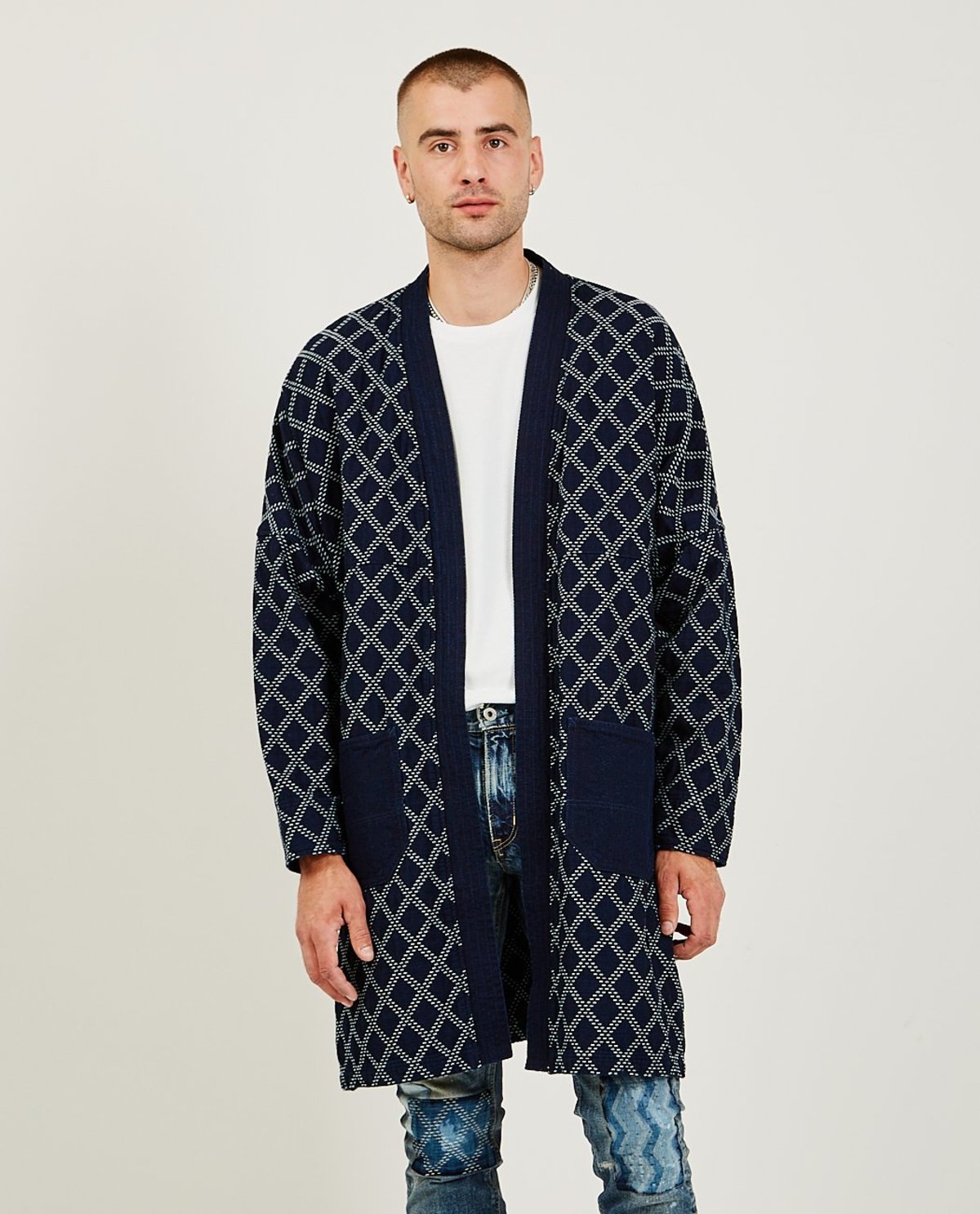 FDMTL Long Haori Coat - Sashiko Indigo | Garmentory