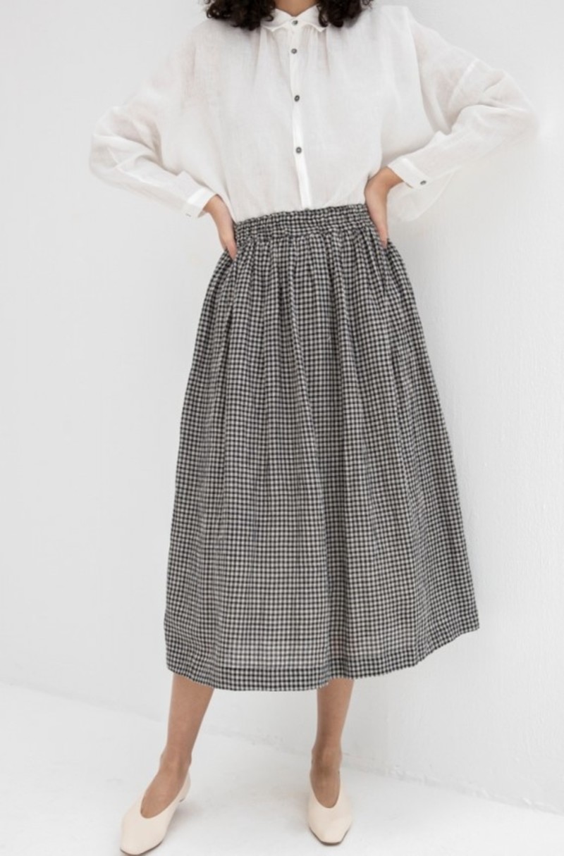 ICHI ANTIQUITES COTTON LINEN SKIRT - BLACK GINGHAM | Garmentory