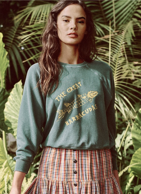 The Great. Shrunken Sweatshirt with Barracuda Graphic - Palm Leaf The Great. Shrunken Sweatshirt with Barracuda Graphic - Palm Leaf