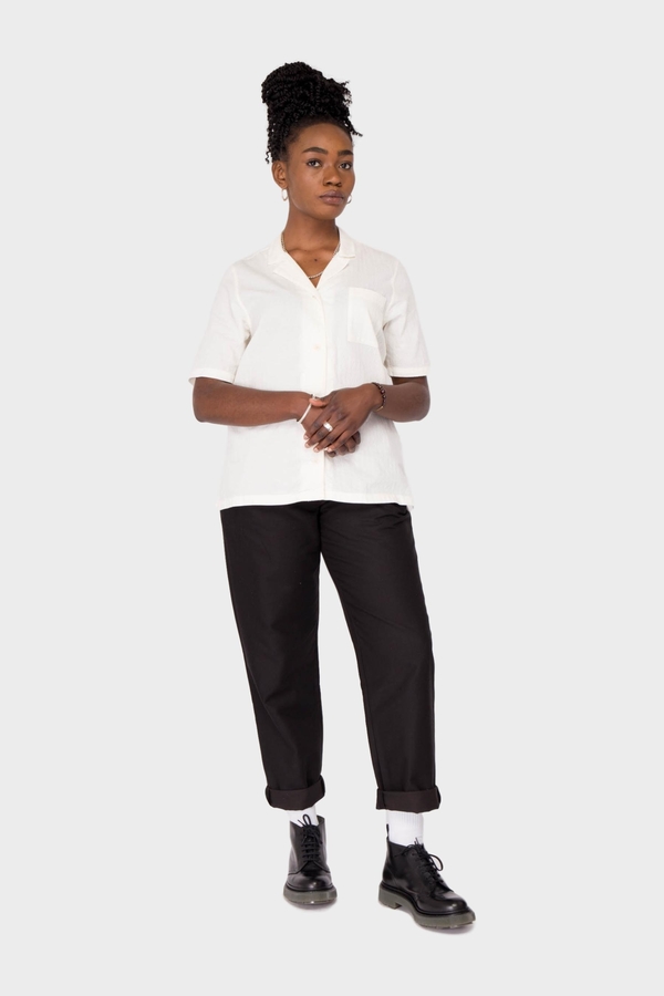 Folk Clothing 1/2 Sleeve Soft Collar Shirt - White Linear Texture Folk Clothing 1/2 Sleeve Soft Collar Shirt - White Linear Texture