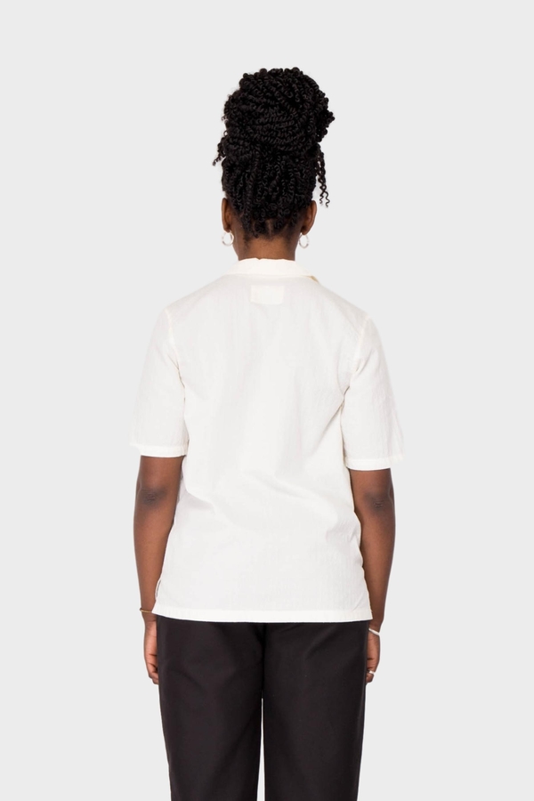 Folk Clothing 1/2 Sleeve Soft Collar Shirt - White Linear Texture Folk Clothing 1/2 Sleeve Soft Collar Shirt - White Linear Texture