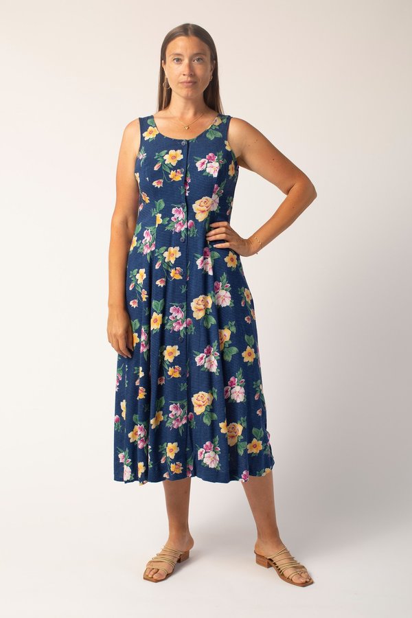 Vintage Dress - Blue Striped/Floral Print Vintage Dress - Blue Striped/Floral Print