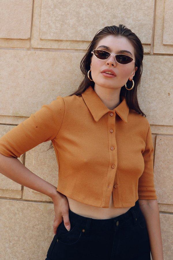 Glamorous Collared Crop Top - Ochre Glamorous Collared Crop Top - Ochre