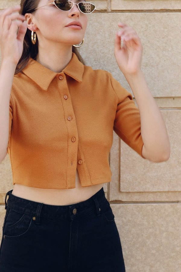 Glamorous Collared Crop Top - Ochre Glamorous Collared Crop Top - Ochre