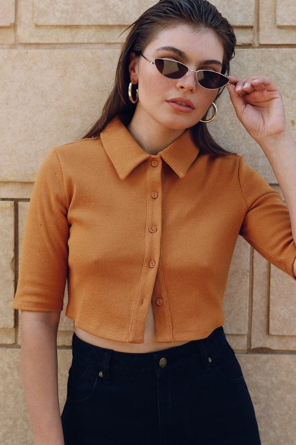 Glamorous Collared Crop Top - Ochre Glamorous Collared Crop Top - Ochre