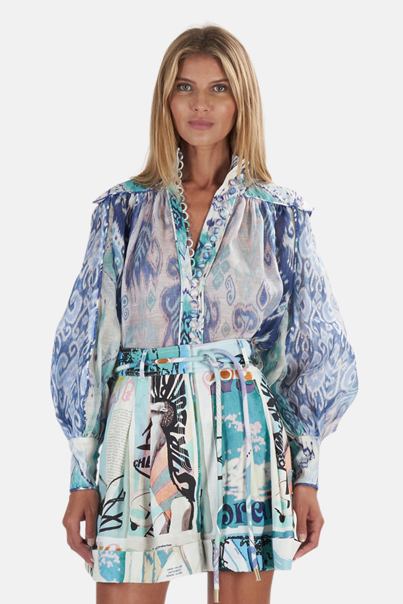 Zimmermann Glassy Long Sleeve Blouse - Spliced Blue Ikat | Garmentory