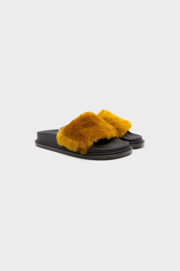 MM6 Maison Margiela Contrast Faux Fur Slide Sandal - Black Brown MM6 Maison Margiela Contrast Faux Fur Slide Sandal - Black Brown