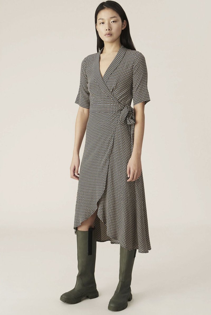 即発★GANNI★ PRINTED CREPE WRAP DRESS F6921 Ganni Printed Crepe Wrap Dress - Grey Multi | Garmentory