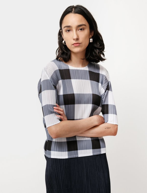 PLEATS PLEASE ISSEY  Checkered Checkered Short Sleeve tops Cut Brown white 3