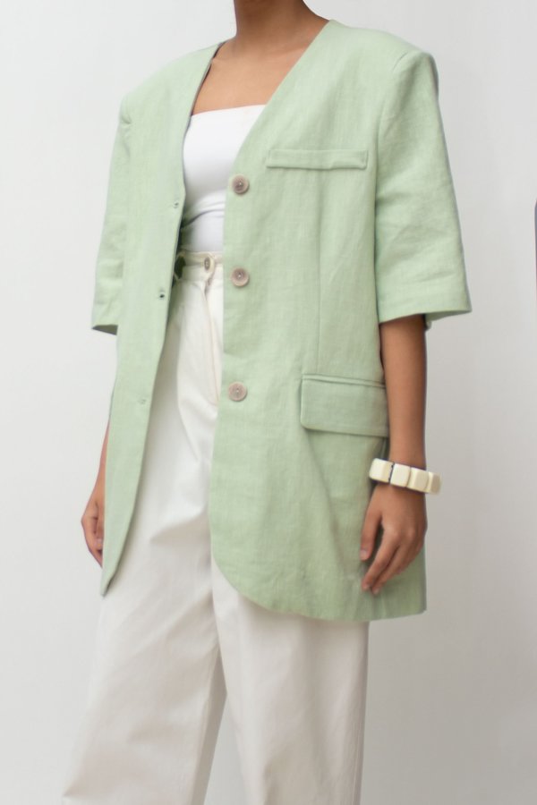W A N T S Linen Short Sleeve Blazer - Mint Green W A N T S Linen Short Sleeve Blazer - Mint Green
