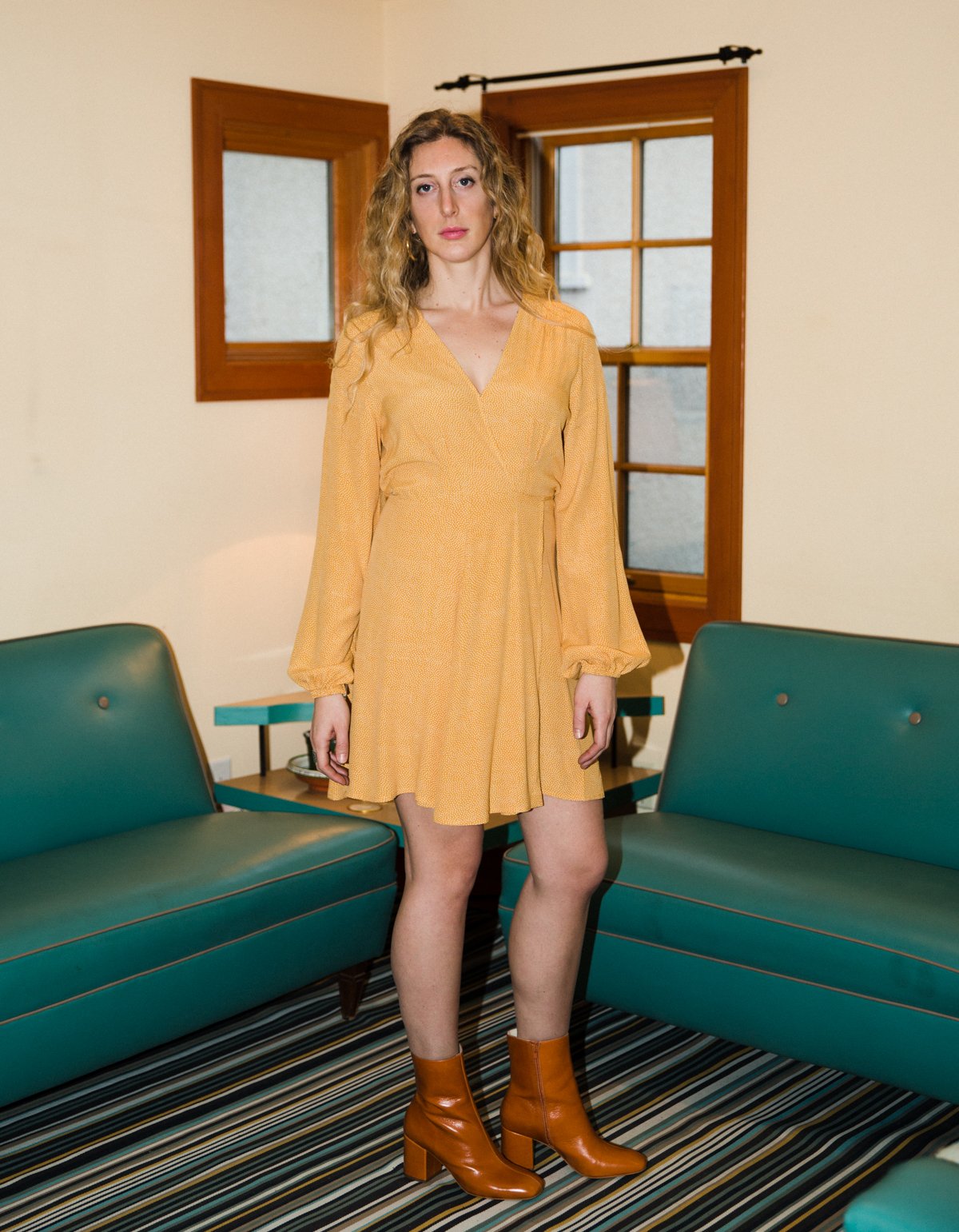 yellow spot wrap dress