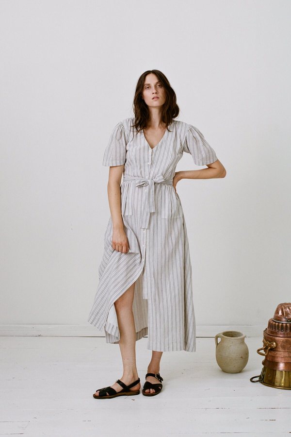 Karu Striped Khadi Cotton House Dress - ceramic blue Karu Striped Khadi Cotton House Dress - ceramic blue