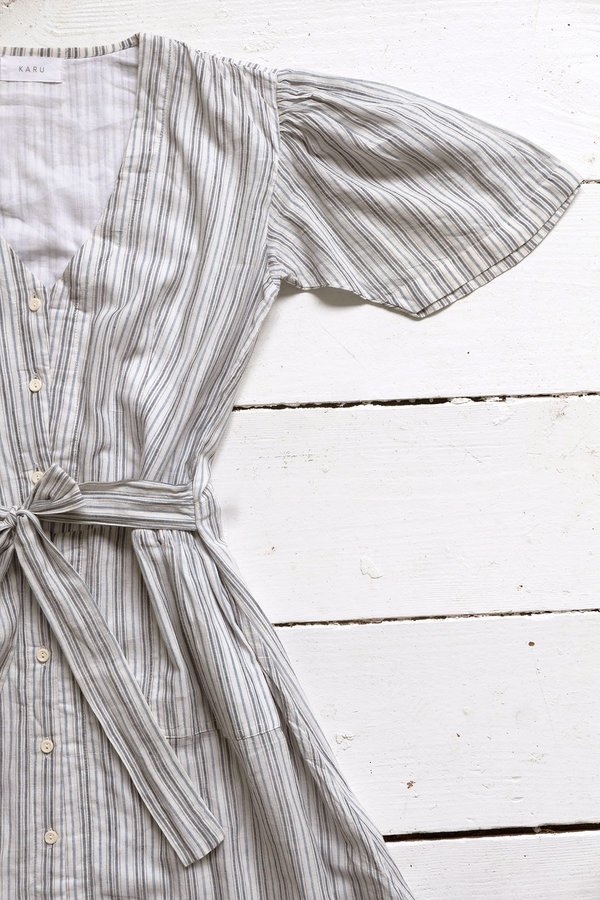 Karu Striped Khadi Cotton House Dress - ceramic blue Karu Striped Khadi Cotton House Dress - ceramic blue