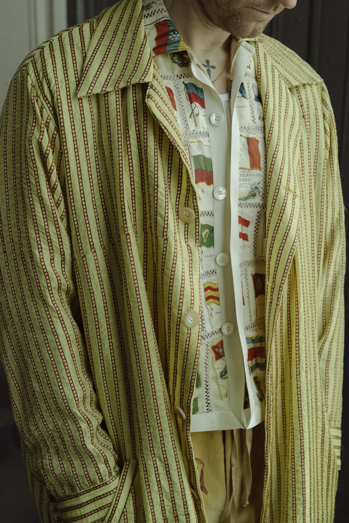 【3/9迄 最終】Bode Striped Mashroo Coat BODE Mashroo Stripe Overcoat - Yellow | Garmentory