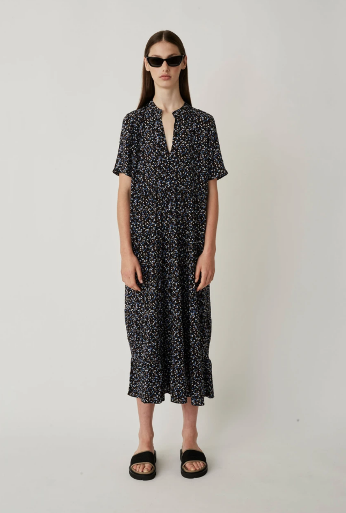 knee length dresses for ladies Batwing Sleeve V-Neck Women Asymmetric Hem Maxi Dress, Orange Floral Stencil Print On Navy / XXS