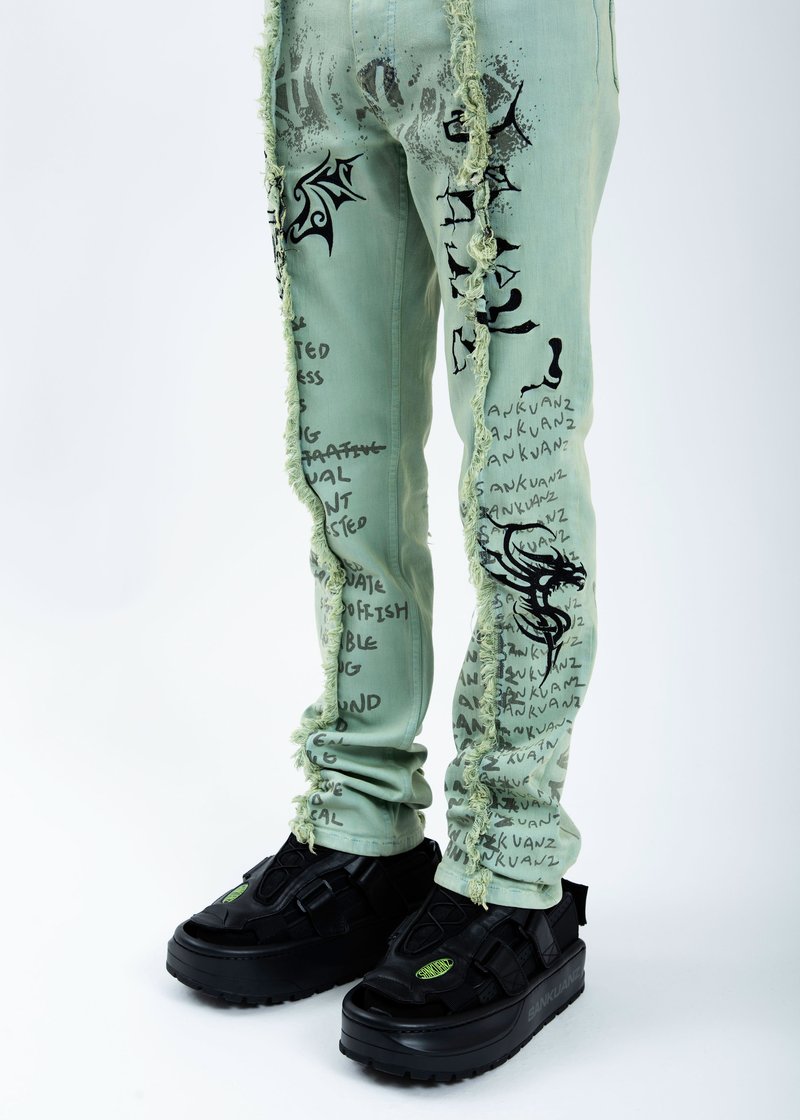 Sankuanz Graffiti Denim Pants - Green | Garmentory