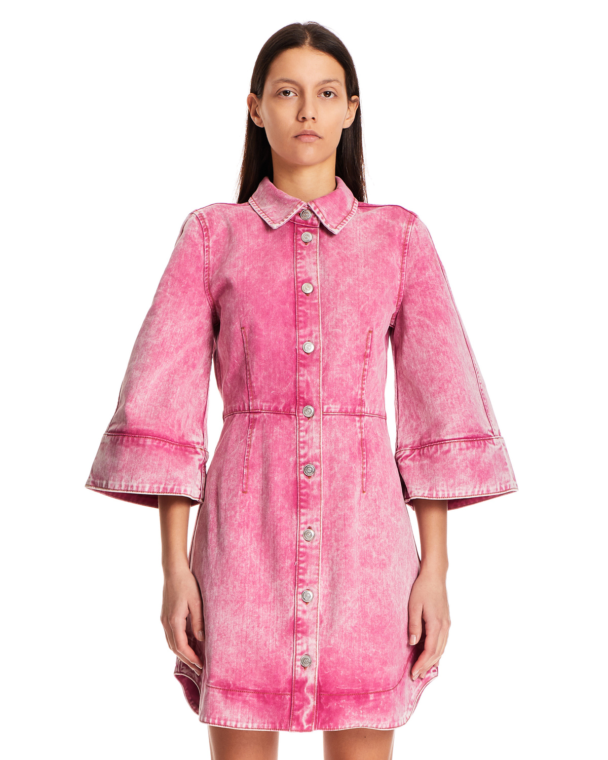 GANNI Cotton Denim Dress - Fuchsia | Garmentory
