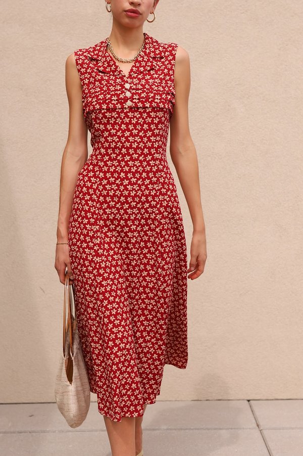 Dear Society Vintage 90s Red Floral Print Midi Dress | Garmentory