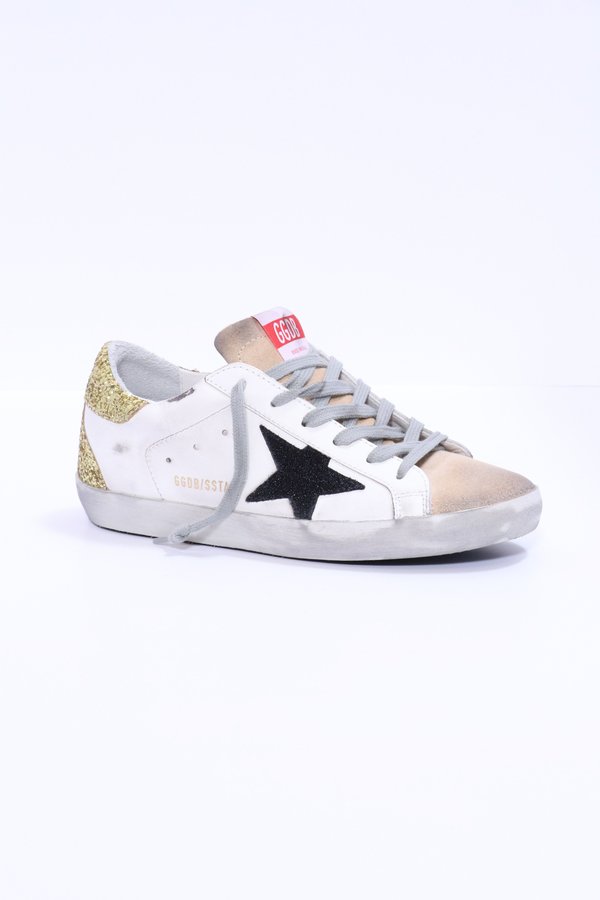 Golden Goose Superstar Sneakers Black Star Glittery Gold Heel Garmentory
