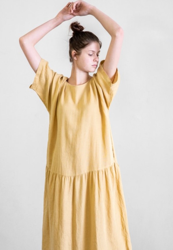 chinese dress ladies No.18 Long Sleeve, Midi Linen Dress in Turkish Coffee Stripe