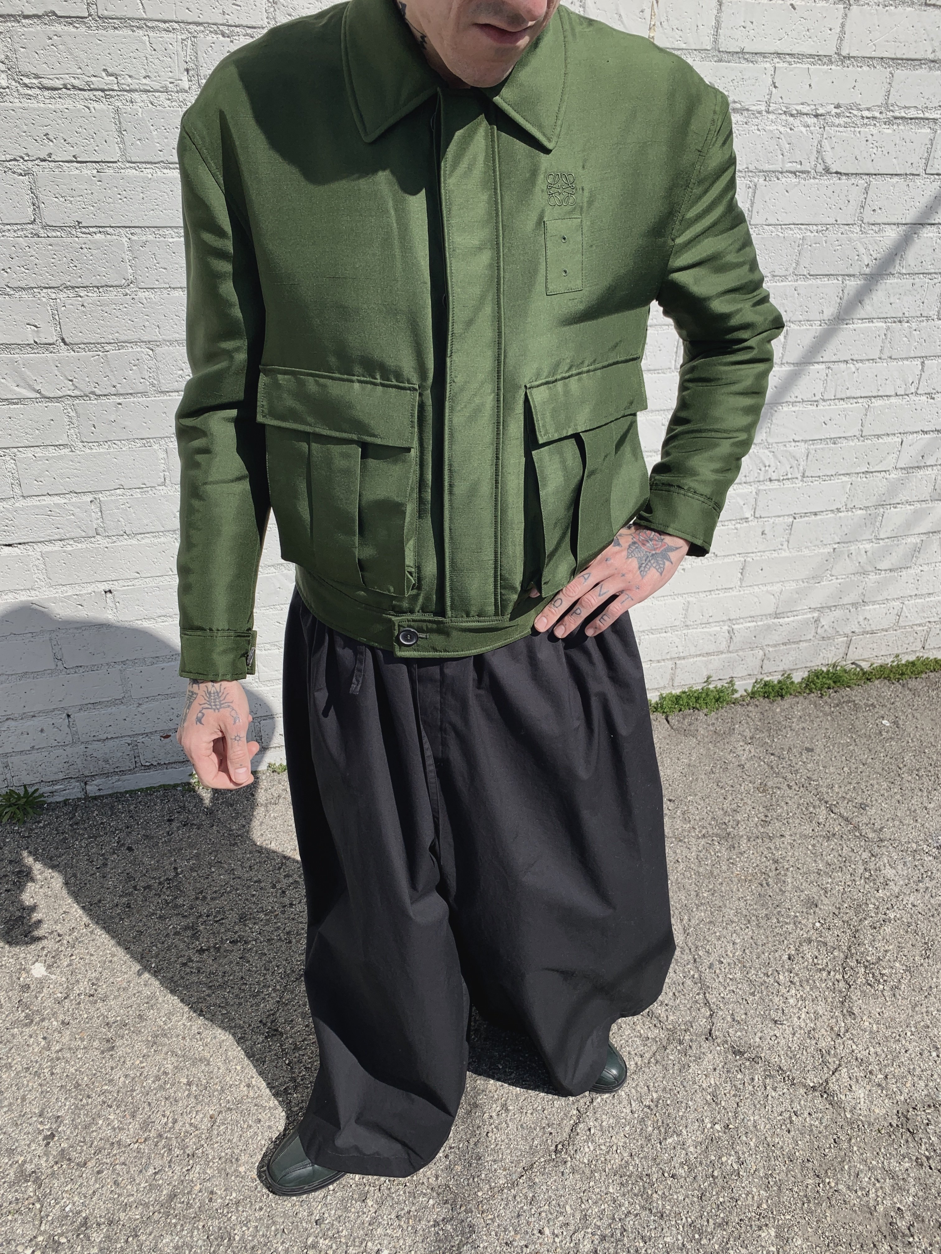 LOEWE Silk Patch Pocket Jacket - Khaki Green | Garmentory