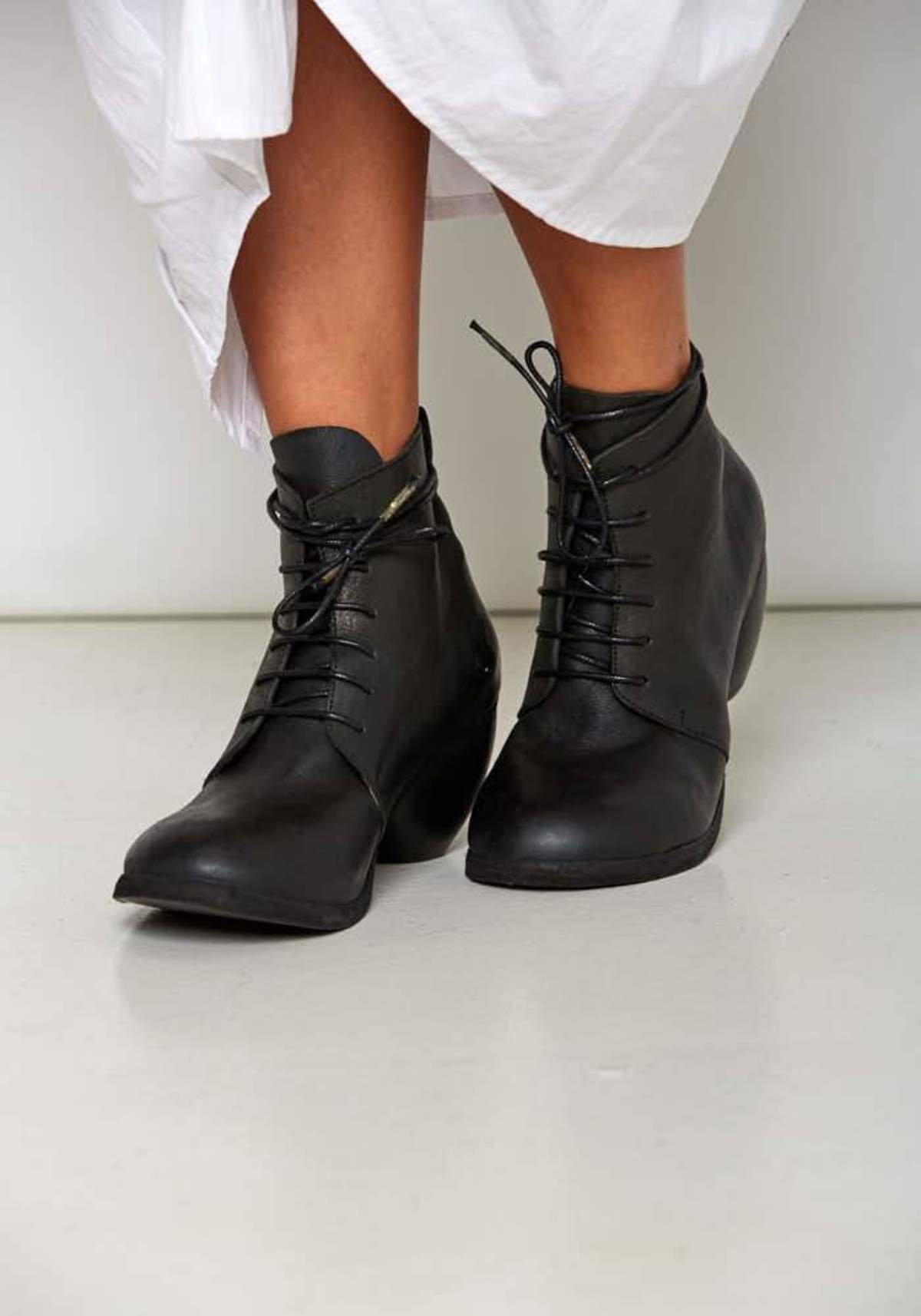 Nutsa Modebadze Leather Lace Up Booties with Hand Carved Heel Black