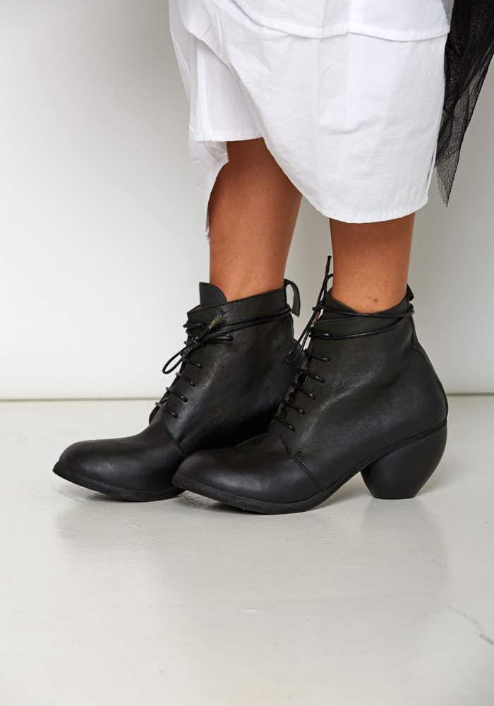 Nutsa Modebadze Leather Lace Up Booties with Hand Carved Heel Black