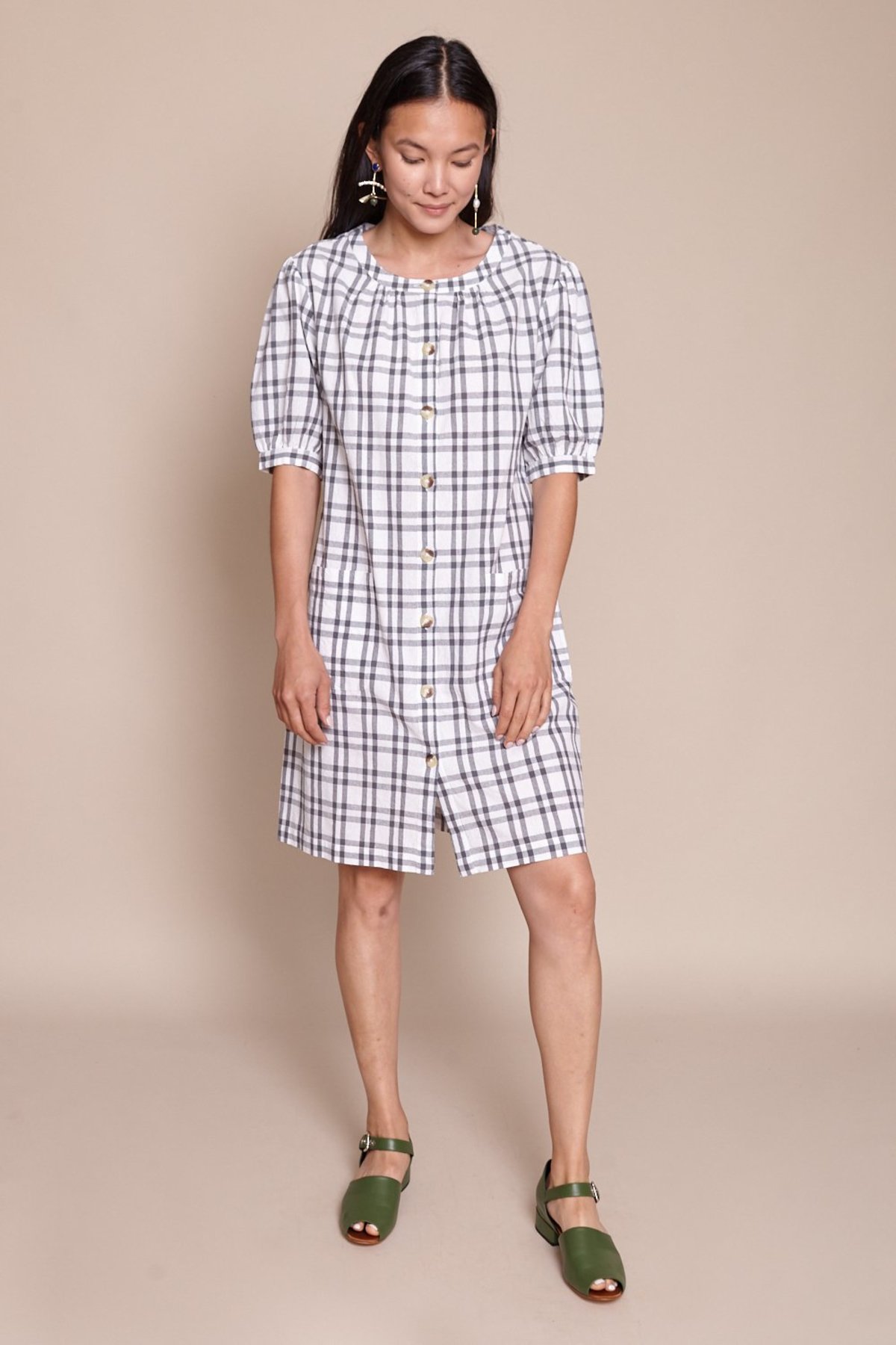 Puff Sleeve Shirt Dress in Grey - Image 1 of 5