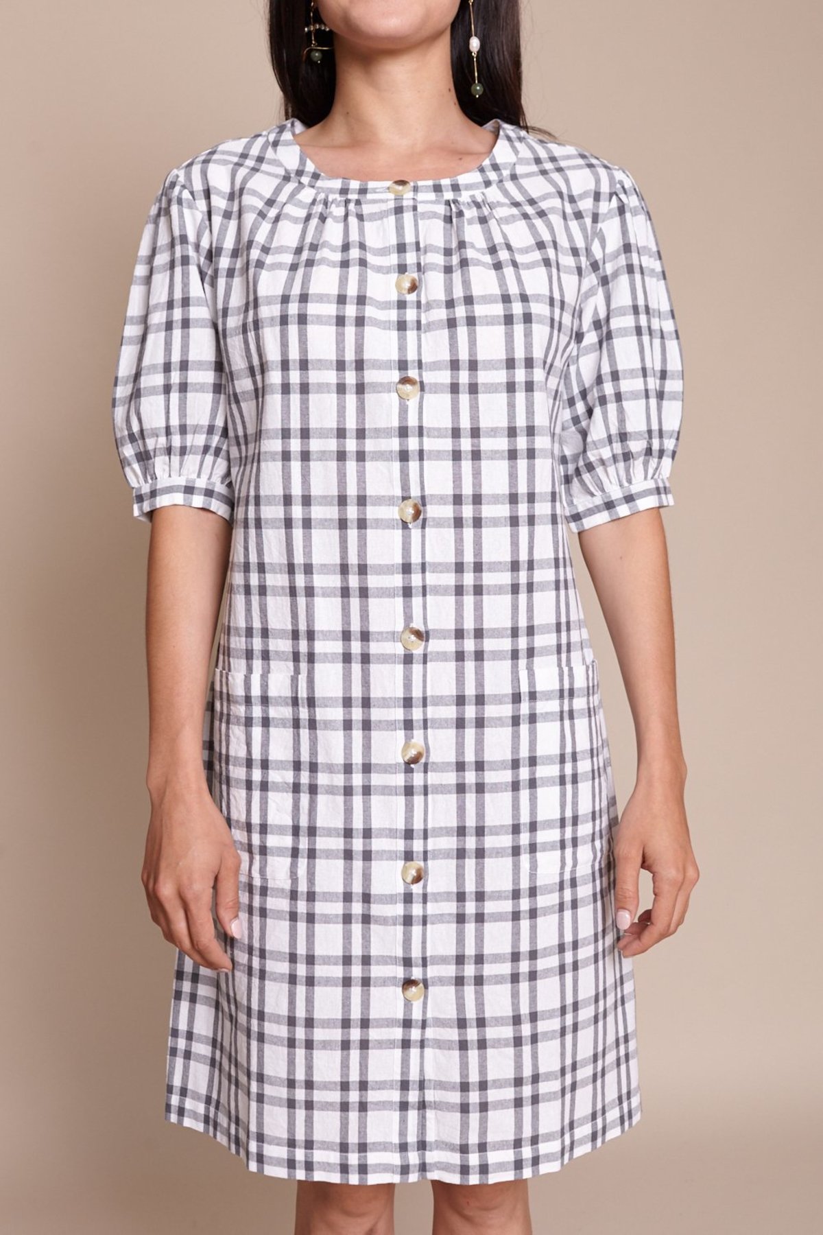 Puff Sleeve Shirt Dress in Grey - Image 3 of 5