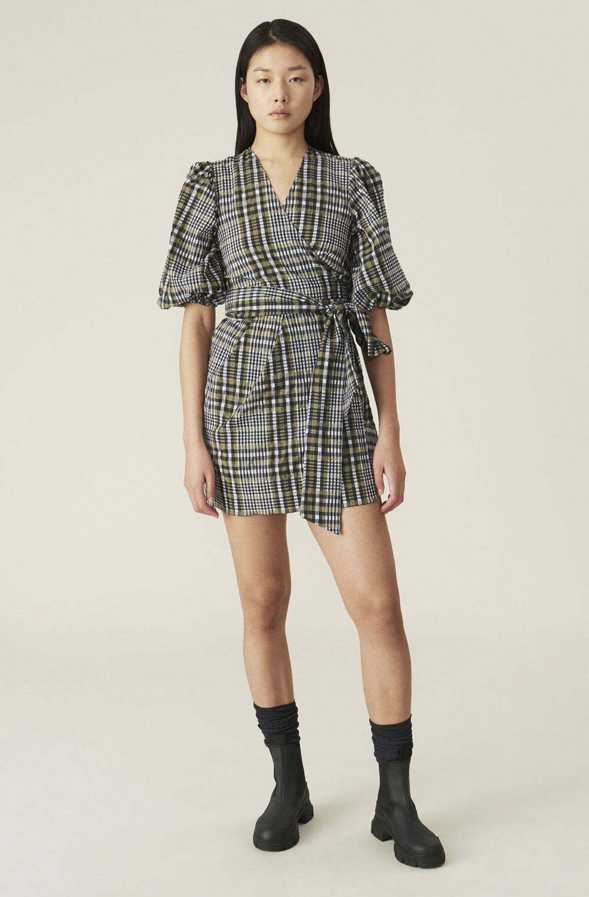 ganni seersucker wrap mini dress - check | Garmentory