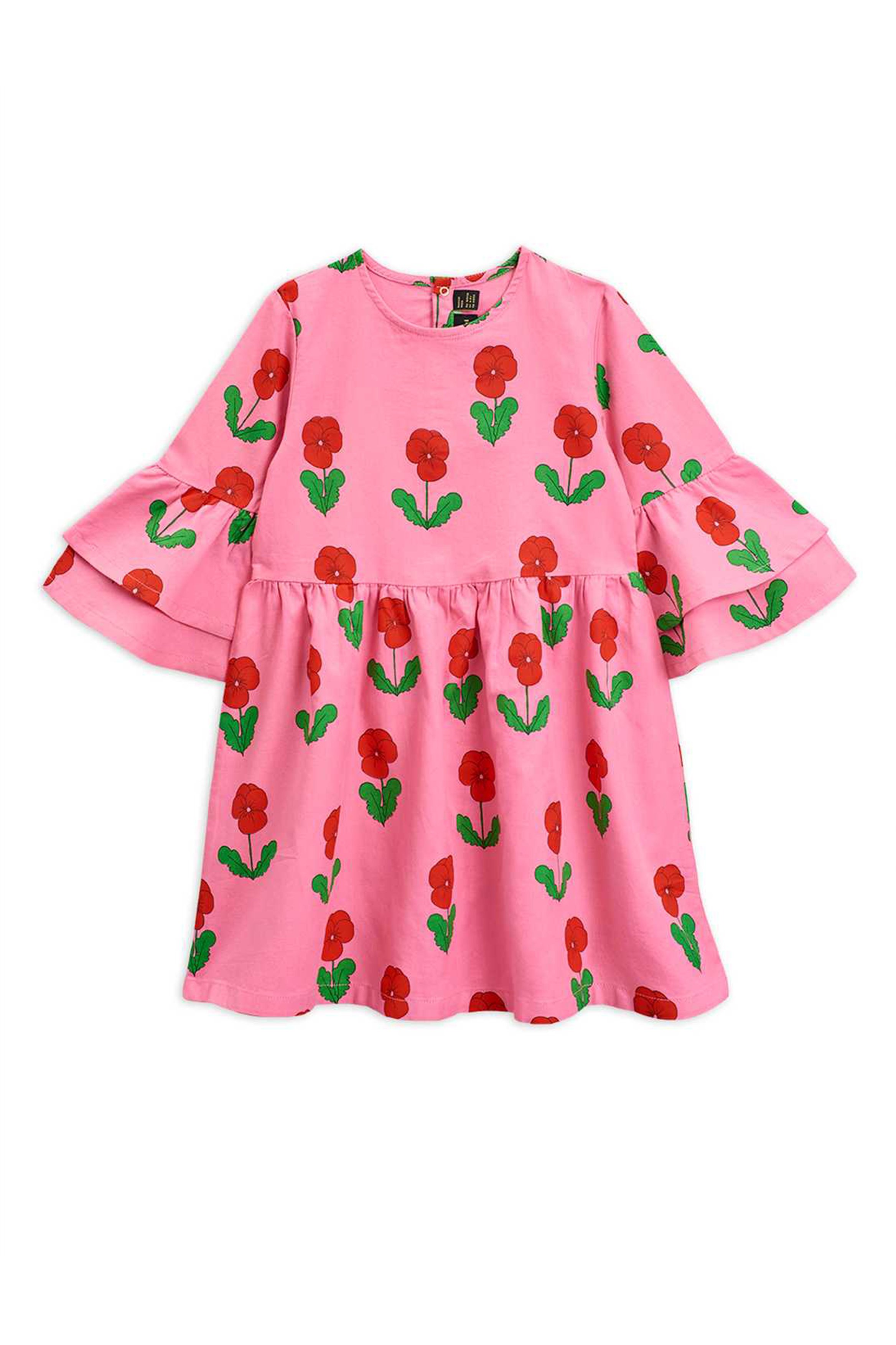 ワンピース Mini Rodini Roses Puff Sleeve Dress Pink VIOLAS-FLARED-SLEEVE-DRESS--