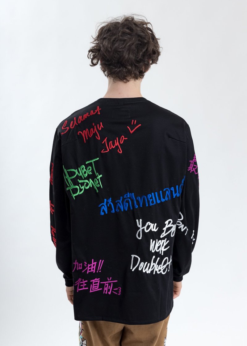 トップス doublet MESSAGE EMBROIDERY LONG SLEEVE Doublet Message Embroidery Long Sleeve - Black | Garmentory