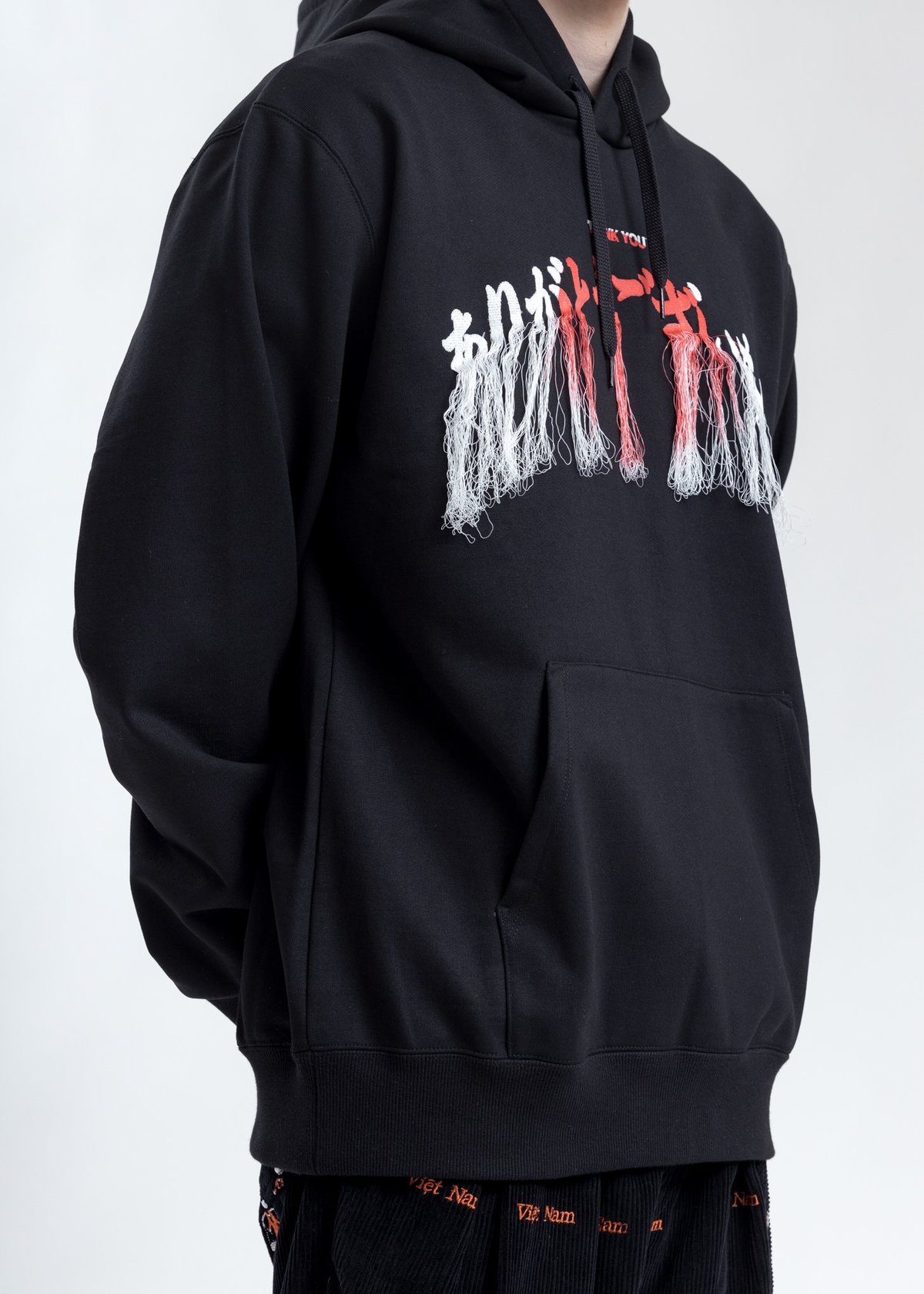 Doublet Thank You Fringe Embroidery Hoodie - Black | Garmentory