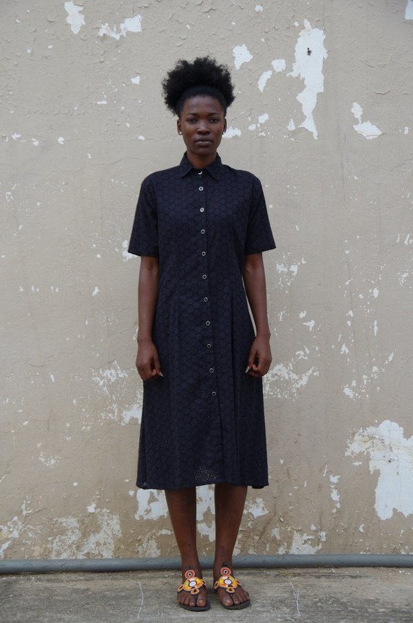 Studio One Eighty Nine Cotton Eyelet Midi Shirt Dress - Black | Garmentory