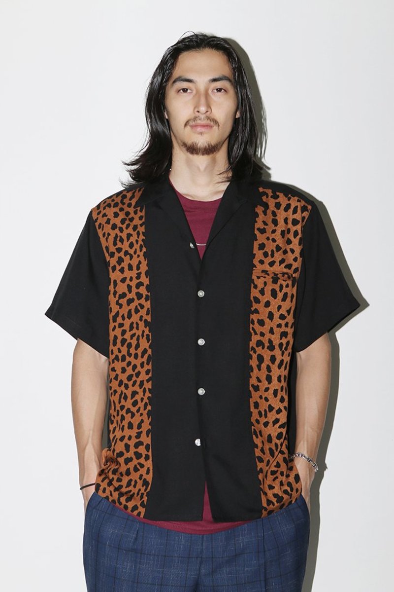 WACKO MARIA Leopard Two Tone Open Collar Shirt - Black/Brown 